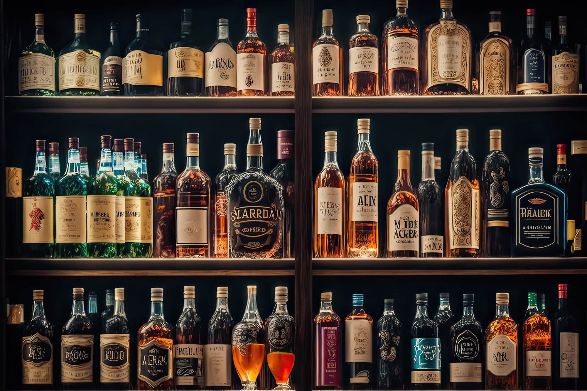 Shelves full of lots of different kinds of liquor.
