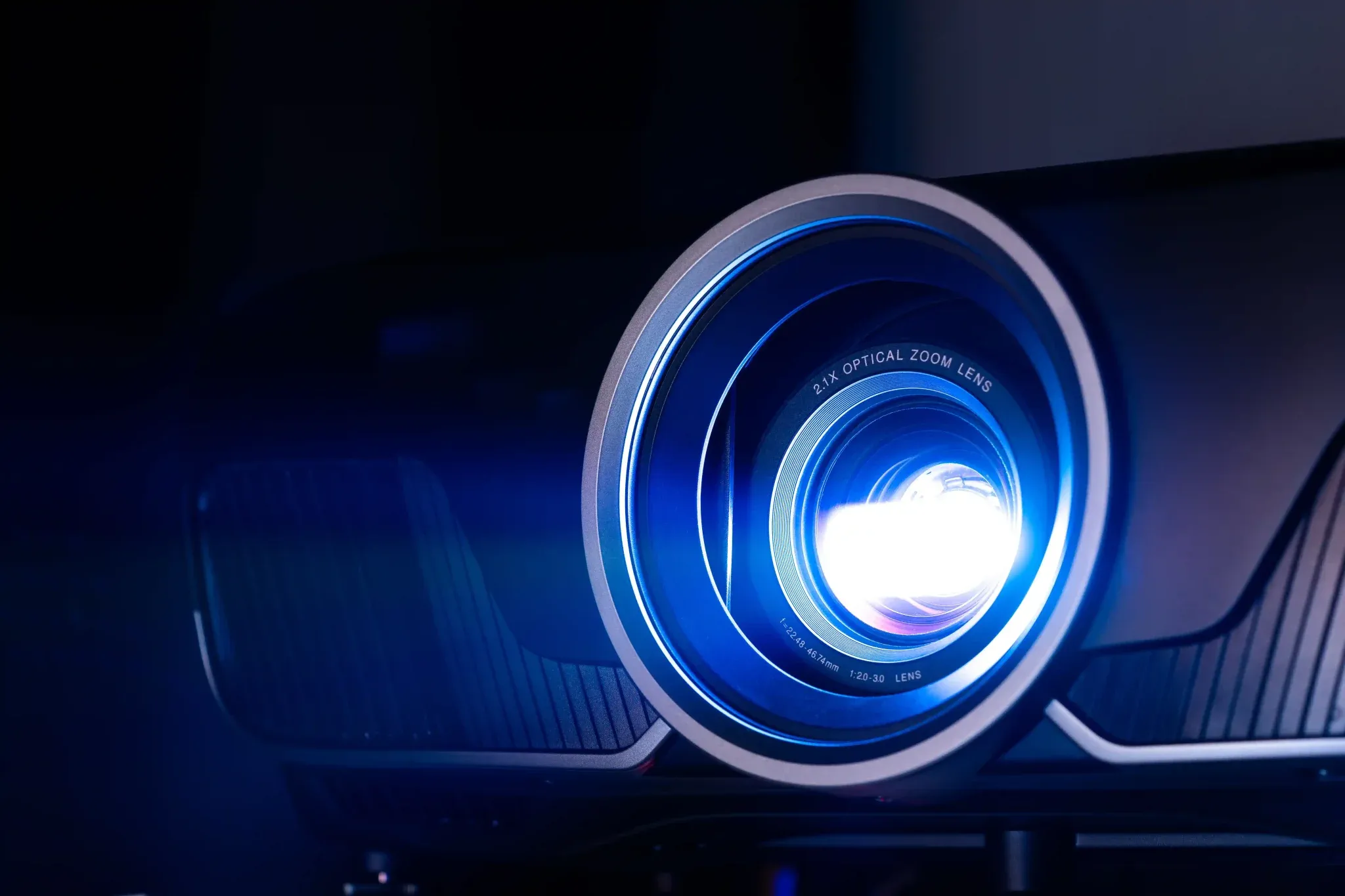 A closeup of a high-quality home projector.