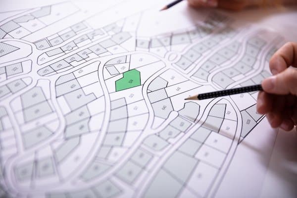 Two hands point pencils towards a plot of land marked in green on a plot map
