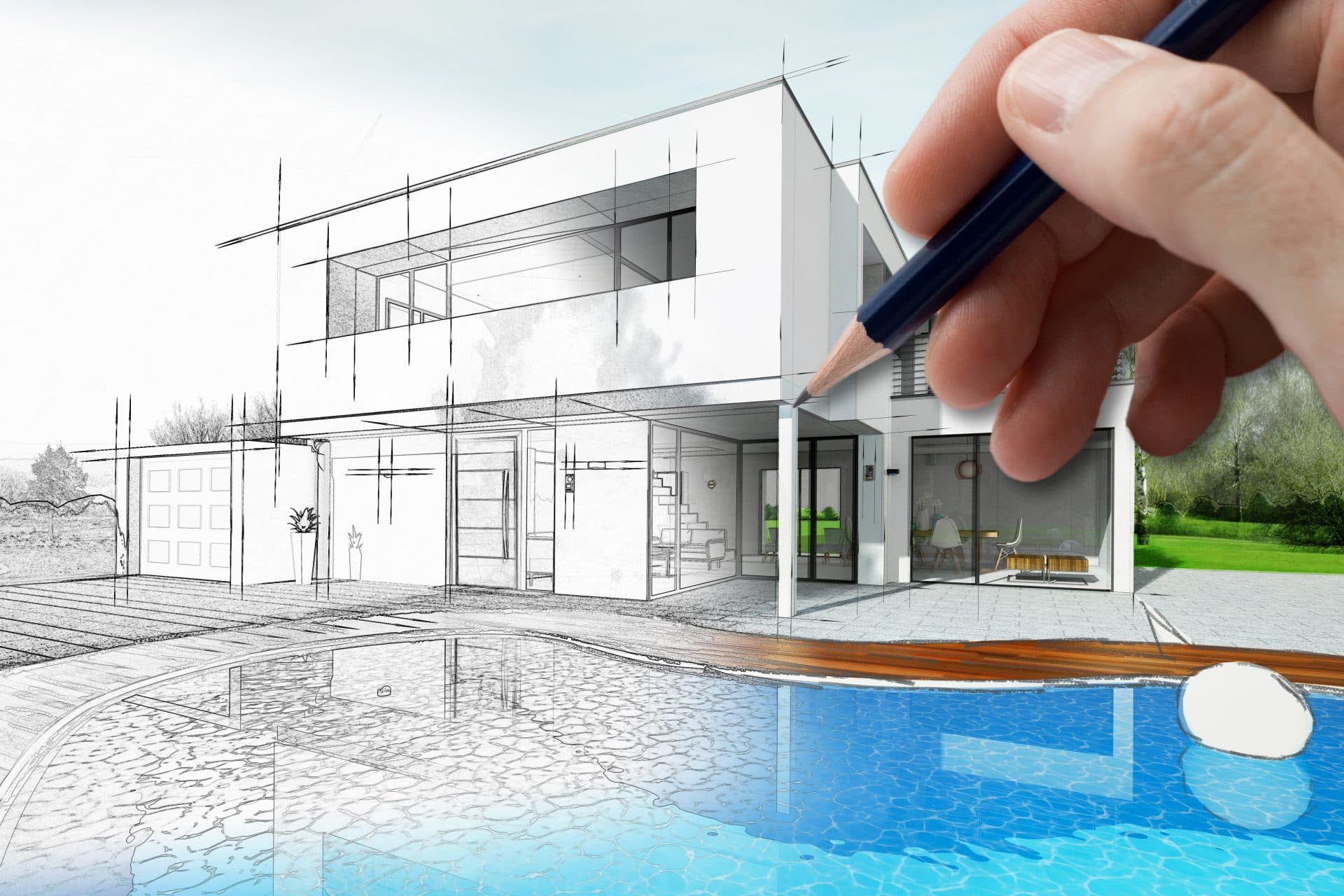 Hand with pencil in hand drawing and designing a modern luxury property