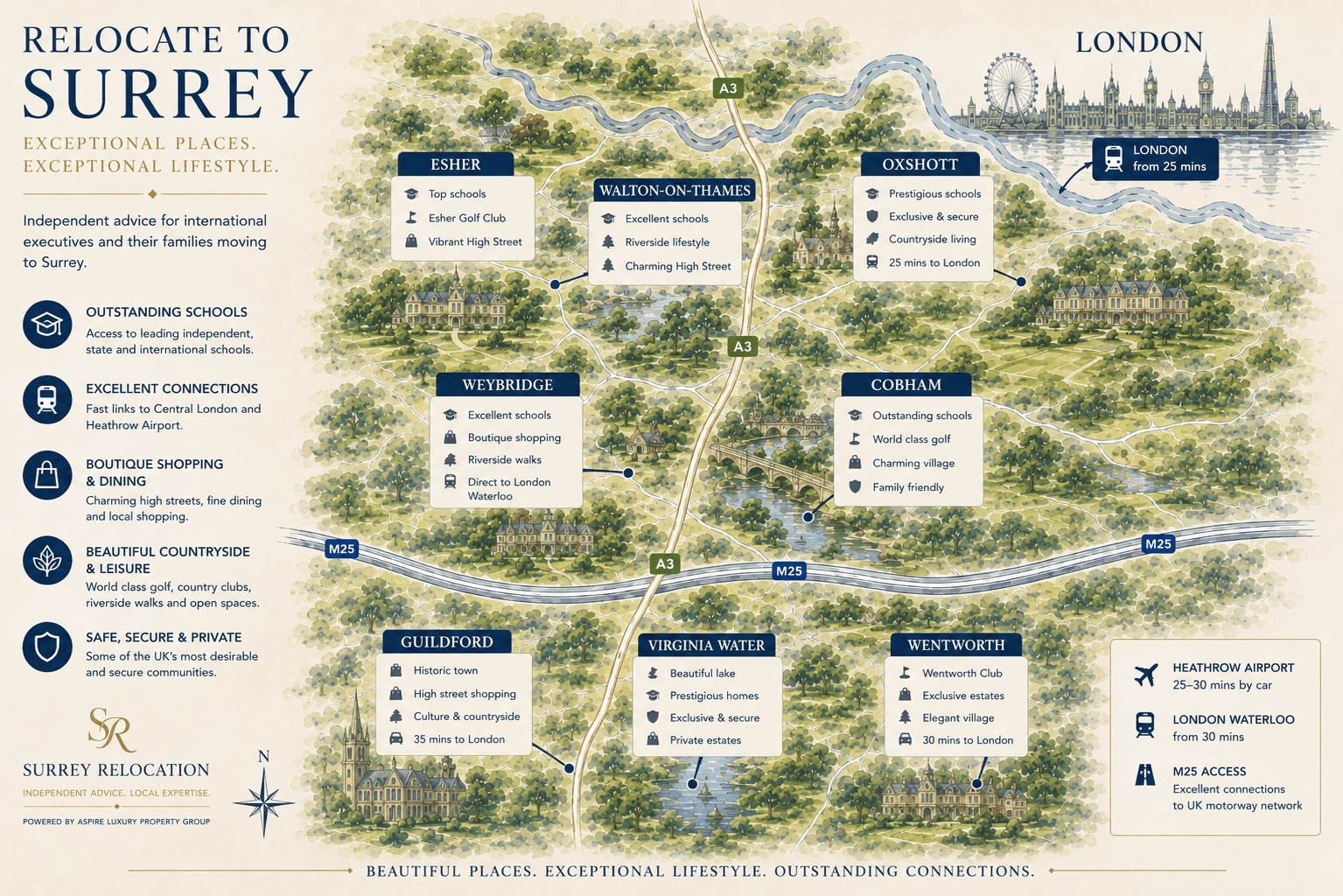 Illustrated map of Aspire coverage across Surrey and South West London