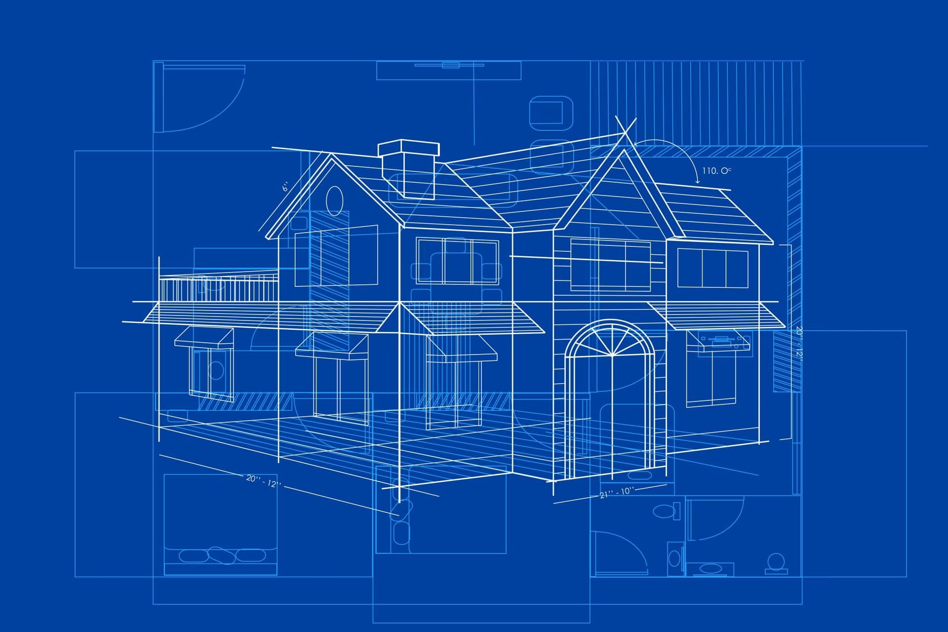 A blue print of a home overlaid with a white-line drawing of the home from the front.