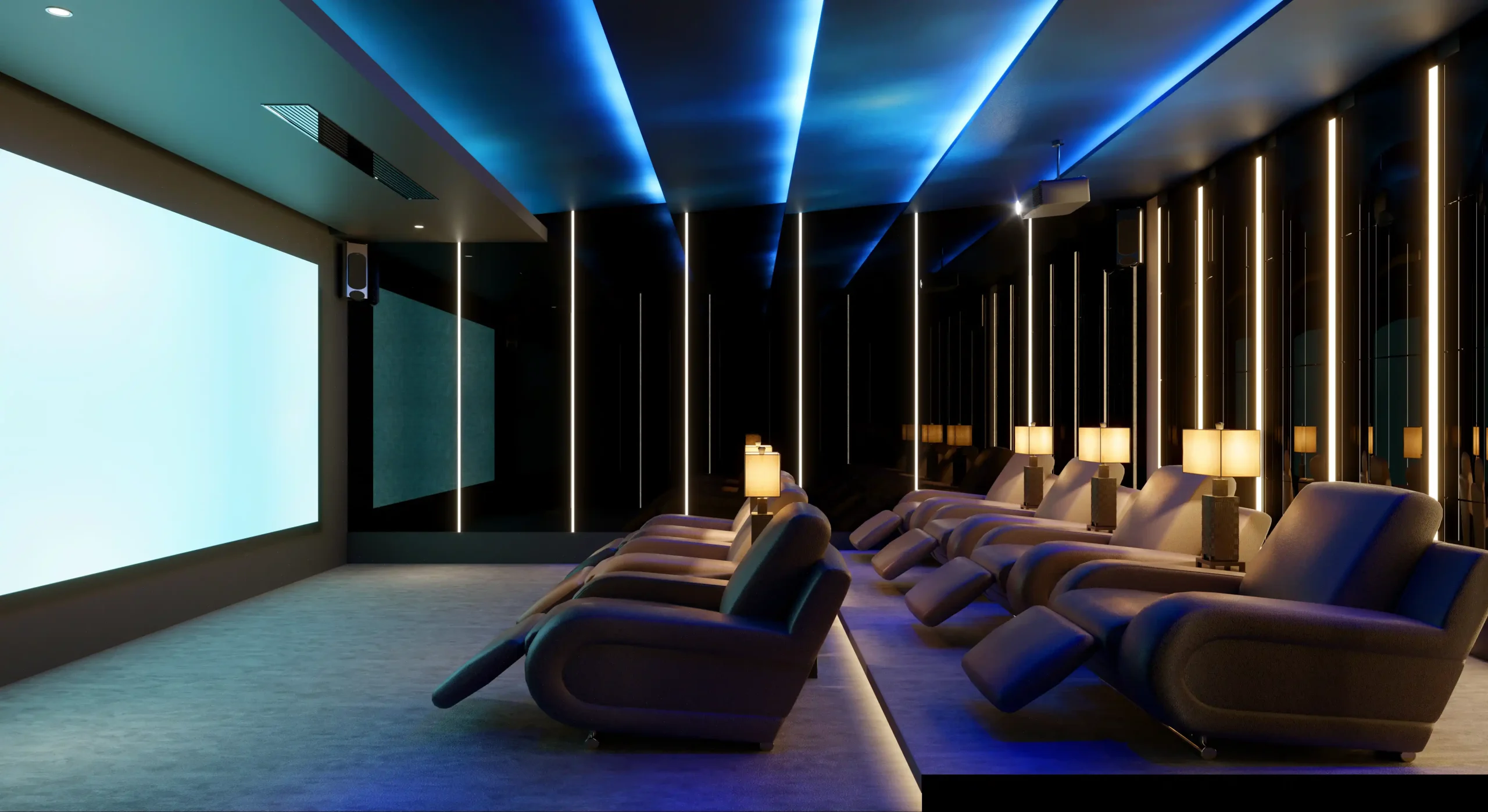 A sleek, modern home cinema with reclining seats and blue strip lighting.